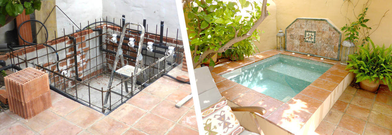 Two Photos of building works of a pool, left pool construction in progress, right pool in Andalusian style ready